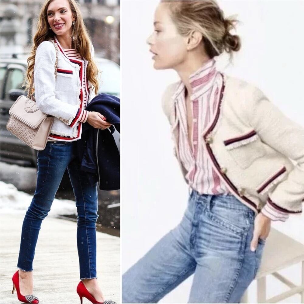 J.Crew Tweed Fringy Lady Jacket Blazer Classic red blue Four Pockets Size 6 6P - Picture 3 of 14